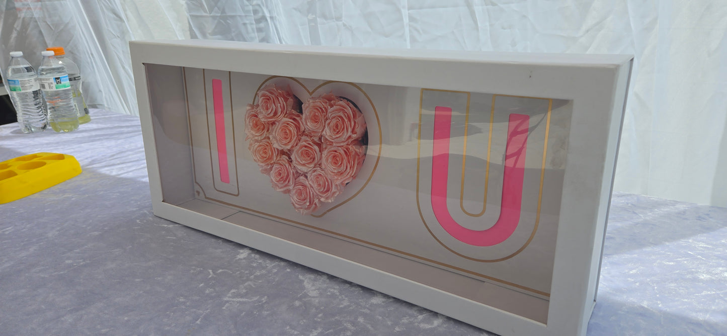 White "I heart U" Box with 11 Metallic Pink Preserved Roses
