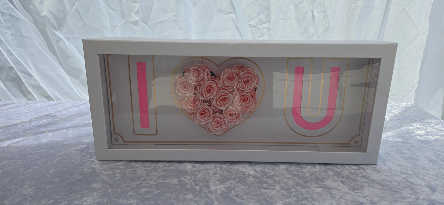 White "I heart U" Box with 11 Metallic Pink Preserved Roses