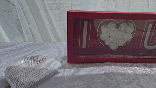 Red "I heart U" Box with 12 White Preserved Roses