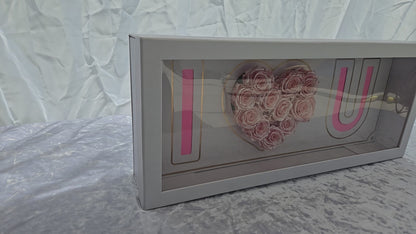 White "I heart U" Box with 11 Metallic Pink Preserved Roses