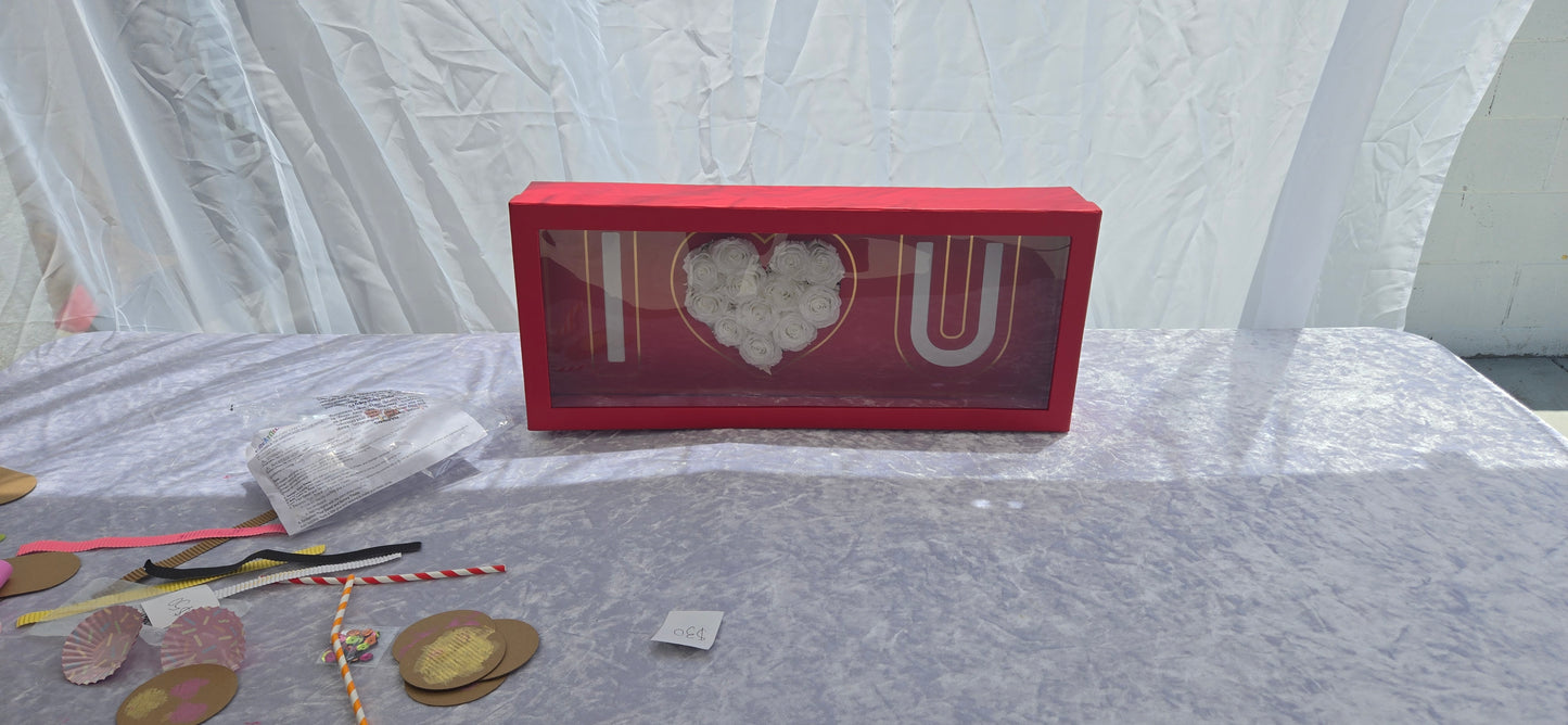 Red "I heart U" Box with 12 White Preserved Roses