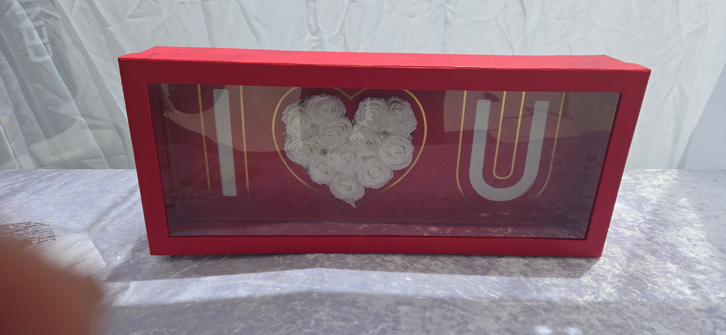 Red "I heart U" Box with 12 White Preserved Roses